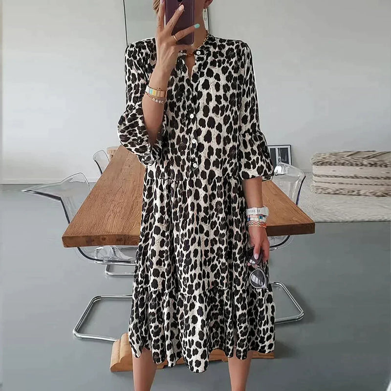 LM | Midi dress with leopard print, button placket and 3/4 sleeves