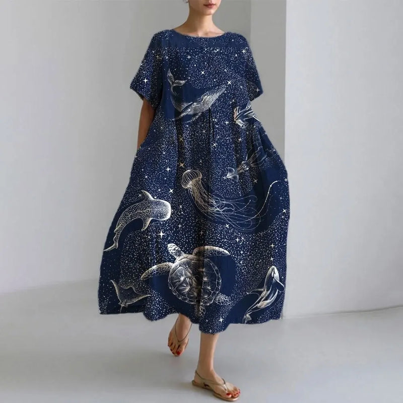 LM | Plus-Size Loose Fit Summer Dress with Pocket & O-Neck Elegant Summer Maxi Dress
