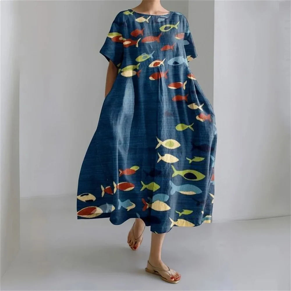 LM | Plus-Size Loose Fit Summer Dress with Pocket & O-Neck Elegant Summer Maxi Dress