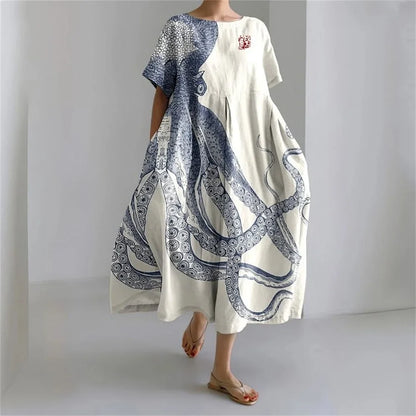 LM | Plus-Size Loose Fit Summer Dress with Pocket & O-Neck Elegant Summer Maxi Dress