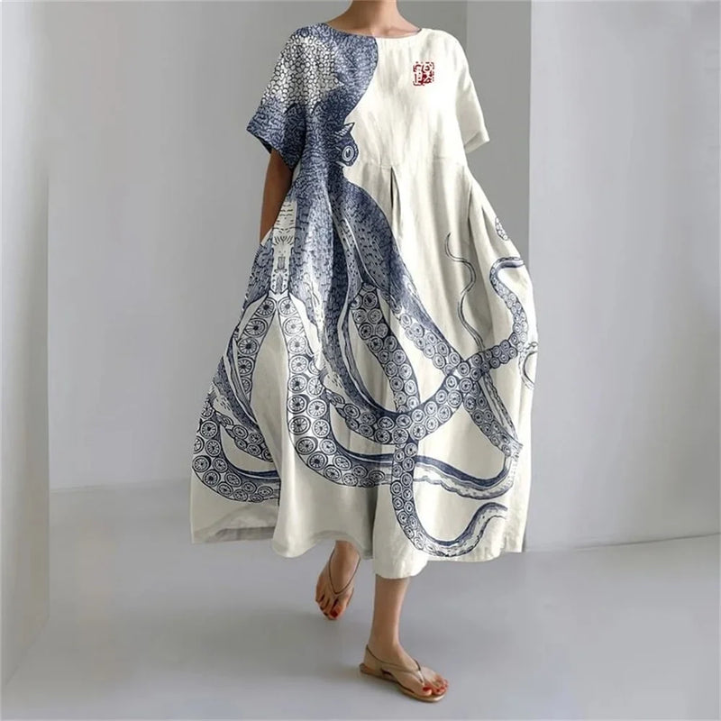 LM | Plus-Size Loose Fit Summer Dress with Pocket & O-Neck Elegant Summer Maxi Dress