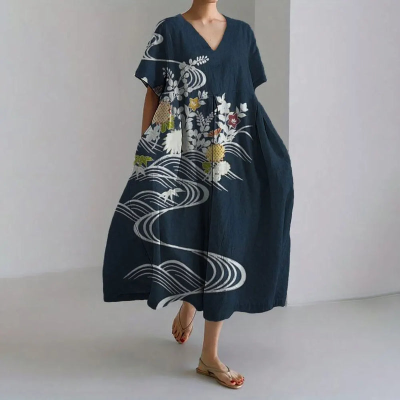 LM | Plus-Size Loose Fit Summer Dress with Pocket & O-Neck Elegant Summer Maxi Dress