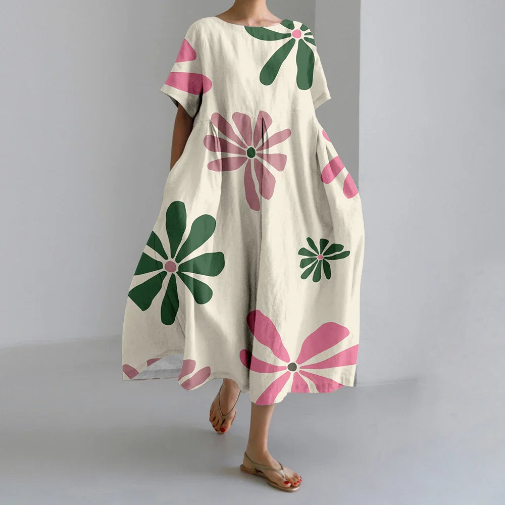 LM | New Summer Women's Dresses Exquisite Elegant Round Neck Short Sleeves Long Pink Dotted Irregular Printed Comfortable Midi Dresses