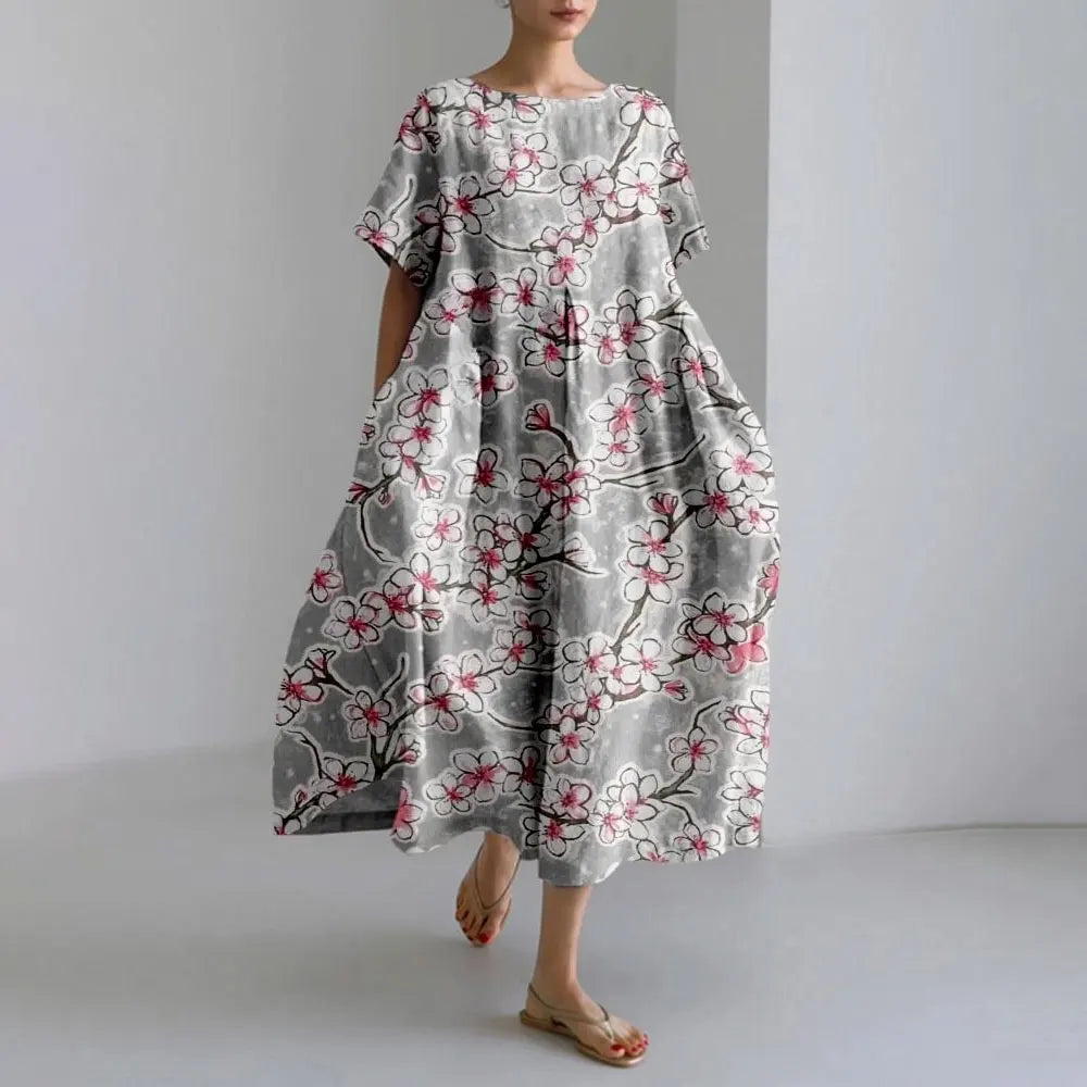LM | Plus-Size Loose Fit Summer Dress with Pocket & O-Neck Elegant Summer Maxi Dress