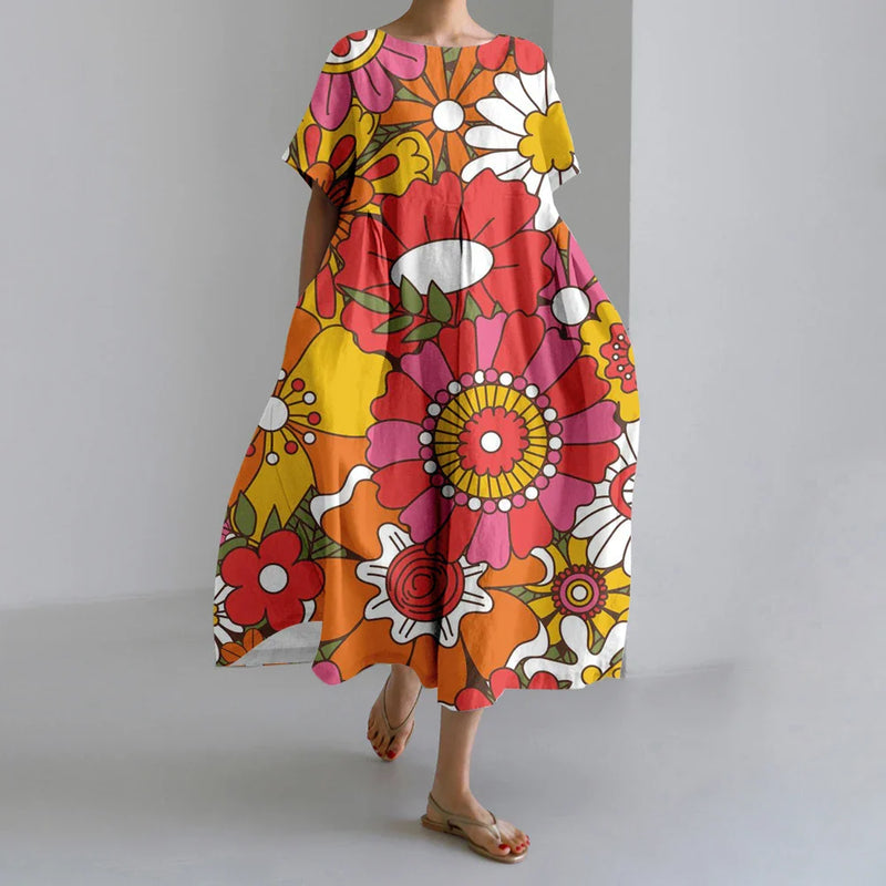 LM | New Summer Women's Dresses Exquisite Elegant Round Neck Short Sleeves Long Pink Dotted Irregular Printed Comfortable Midi Dresses