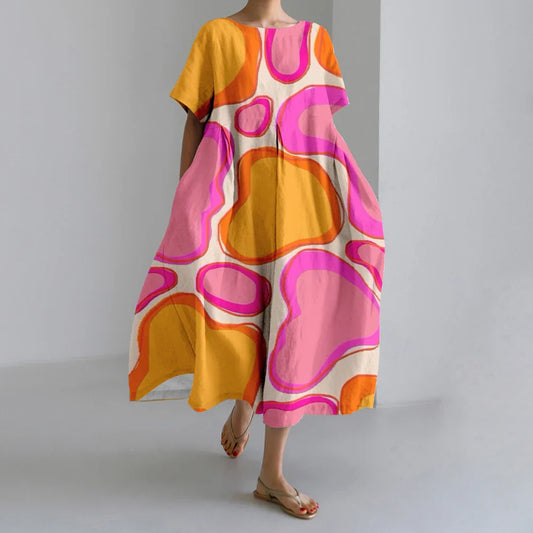 LM | New Summer Women's Dresses Exquisite Elegant Round Neck Short Sleeves Long Pink Dotted Irregular Printed Comfortable Midi Dresses