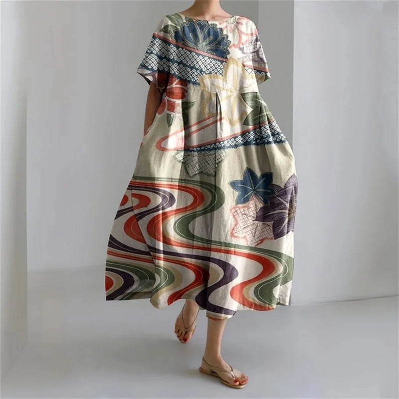 LM | Plus-Size Loose Fit Summer Dress with Pocket & O-Neck Elegant Summer Maxi Dress