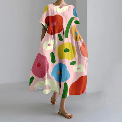 LM | New Summer Women's Dresses Exquisite Elegant Round Neck Short Sleeves Long Pink Dotted Irregular Printed Comfortable Midi Dresses