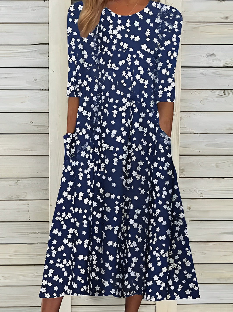 LM | Printed midi dress with round neckline and pockets