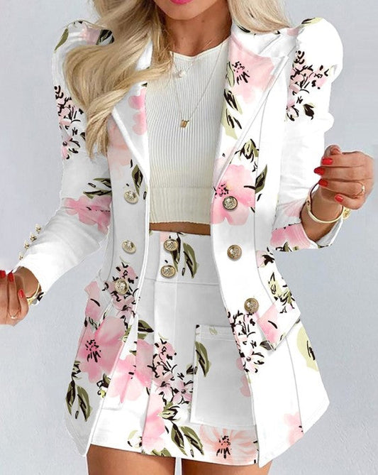 LM | Double-breasted blazer with floral print and puff sleeves