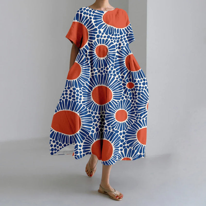 LM | New Summer Women's Dresses Exquisite Elegant Round Neck Short Sleeves Long Pink Dotted Irregular Printed Comfortable Midi Dresses