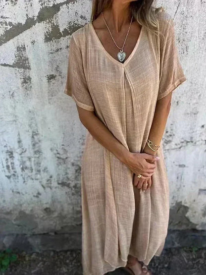 LM | Cotton and linen midi dress with V-neckline