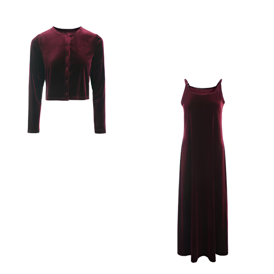 LM | Elegant velvet vest and belted dress set