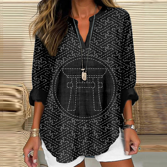 Comstylish Japanese Traditional Torii Pattern Cozy Linen Tunic