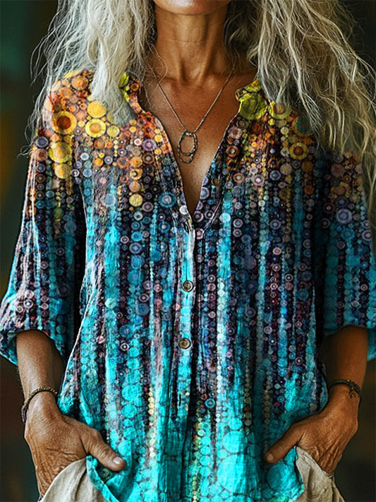 Women's Vintage Floral Art Print Casual Cotton Linen Shirt