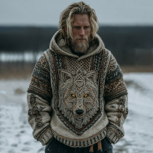 Men's Vintage Viking Celtic Knot Wolf Art Hooded Knit Sweater elevenforest