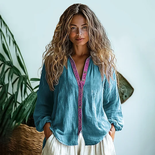 Comstylish Bohemian Style Linen Print Long Sleeve Shirt