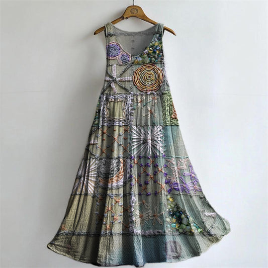 Women's Vintage Plaid Embellished Pattern Art Print Round Neck Sleevel