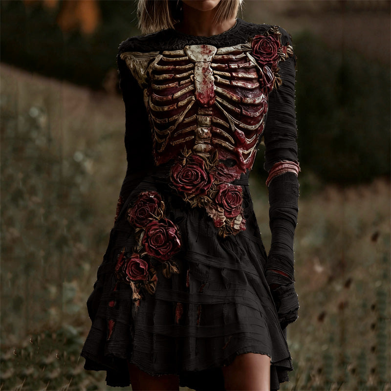 Comstylish Halloween Bloody Rib Cage Red Roses Bandages Comfy Mini Dress