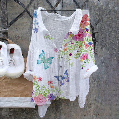 Comstylish Butterfly Retro Cotton Linen Casual Floral Print Cotton Linen  Shirt