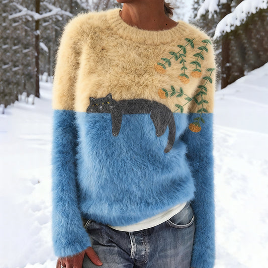 Comstylish Abstract Creative Lazy Black Cat Artistic Warm Wool Pullover