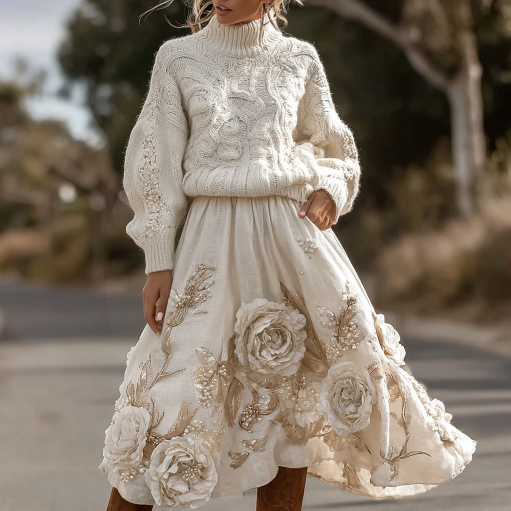 Vintage Rose Pattern Cable Knit Sweater And Linen Skirt Two-piece Set elevenforest