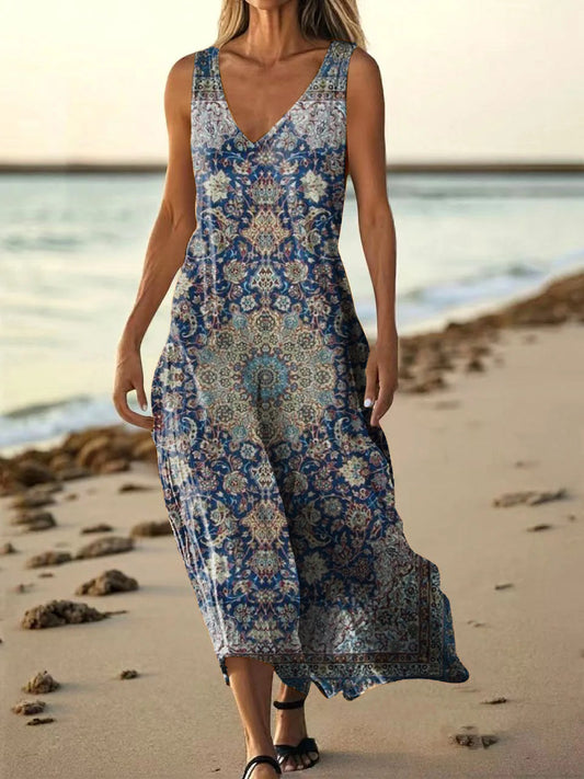 Women's Vintage Ethnic Floral Art Print Pocket Cotton Dress