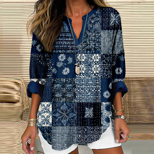 Comstylish Vintage Japanese Sashiko Patchwork Cozy Linen Tunic
