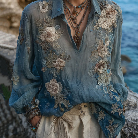 Women's Vintage Bohemian Floral Linen Shirt artswardrobe