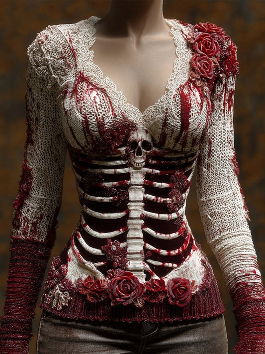 Classy Skeleton Bloody Roses V Neck Cozy Sweater artswardrobe