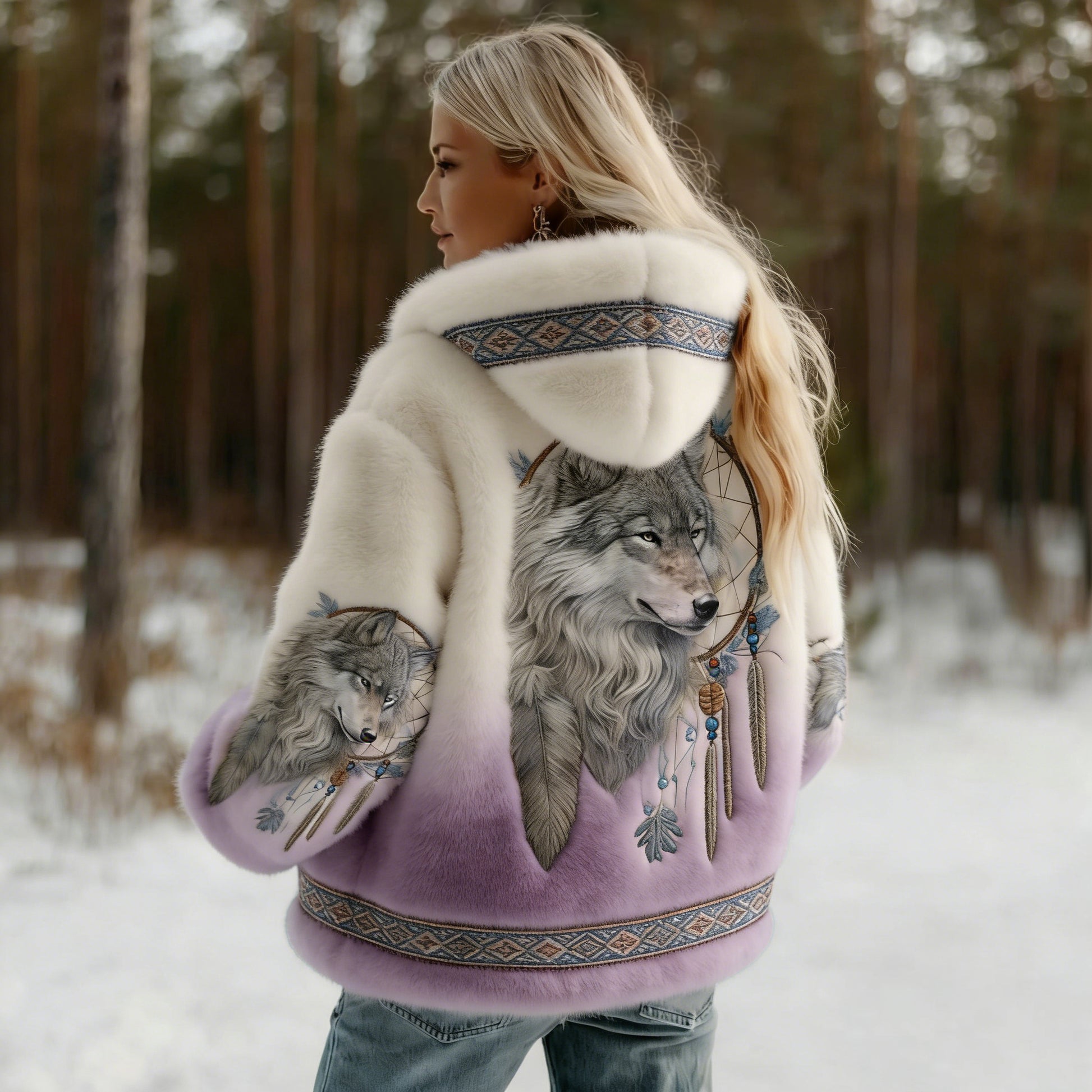 Comstylish Women's Vintage Wolf Art Knit Cozy Flannel Hoodie