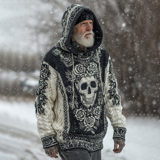 Men's Viking Tribal Jacquard Celtic With Rose And Skull Inspired Chunky Knit Hooded Sweater artswardrobe
