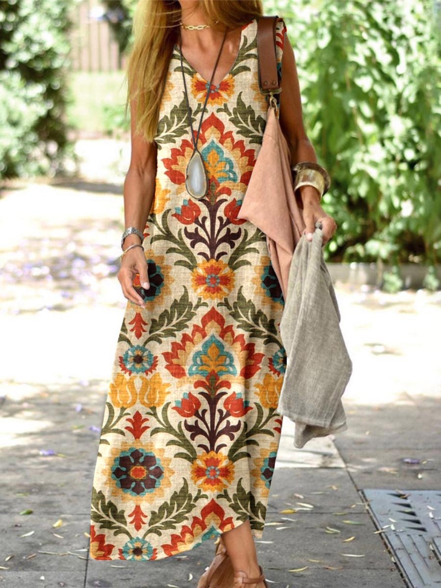 Women's Elegant Floral Cotton and Linen Loose Tank Top Dress