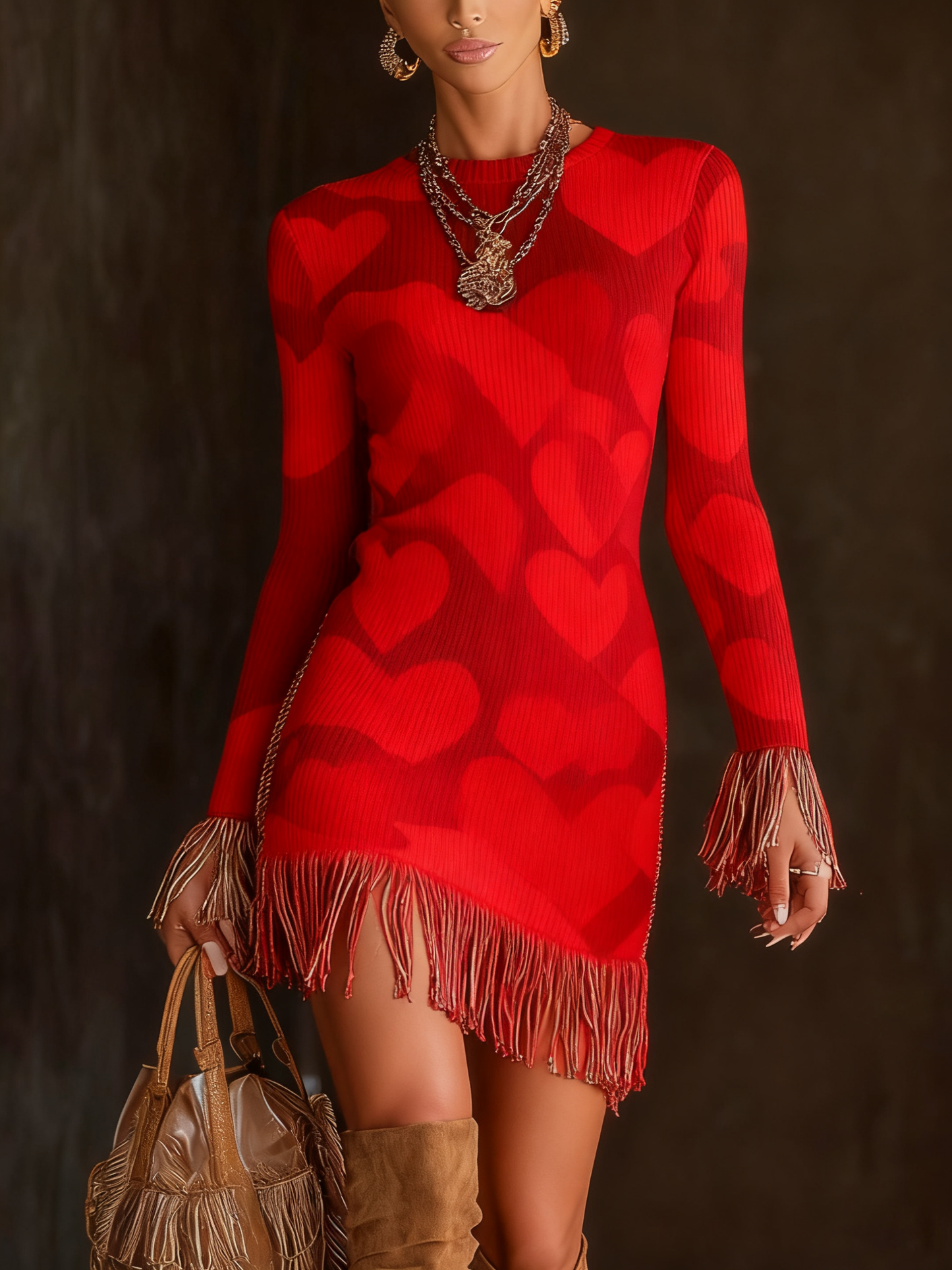 Print Textured Knitted Tassel Long Sleeve Mini Dress
