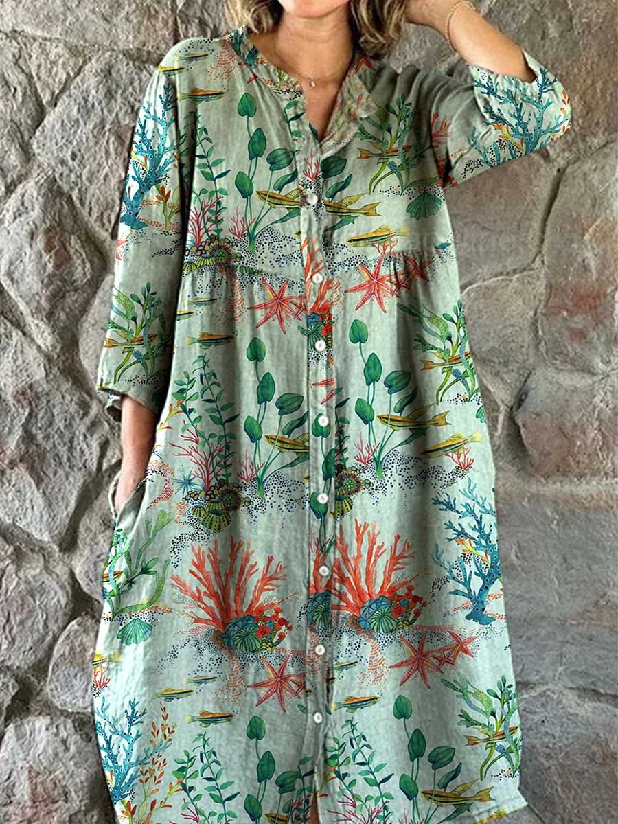 Women's Underwater World Seaweed Print Elegant Simple Shirt Cotton And