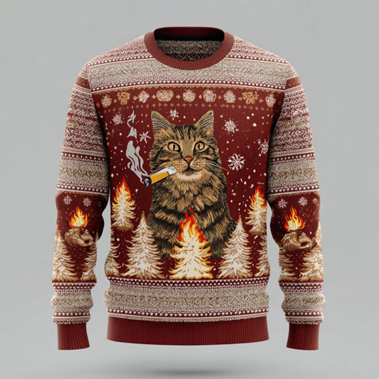 Comstylish Men's Fun Christmas Cat Comfortable Crew Neck Sweater