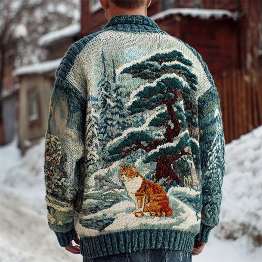 Japanese Pine & Cat Men's Knit Cardigan elevenforest