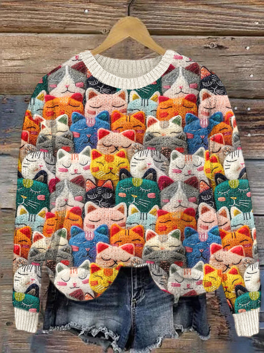 Cute Cats Felt Art Cozy Knit Sweater elevenforest