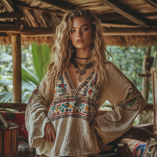 Retro Boho Tribal Embroidery Print Cotton And Linen Blend Loose Blouse artswardrobe