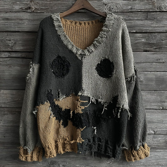 Halloween Spooky Face Contrast Stitching Comfortable V-neck Knitted Sweater elevenforest