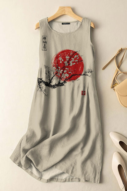 Comstylish Vintage Japanese Ink Flower Sunrise Art Print Sleeveless Cotton And Linen Midi Dress