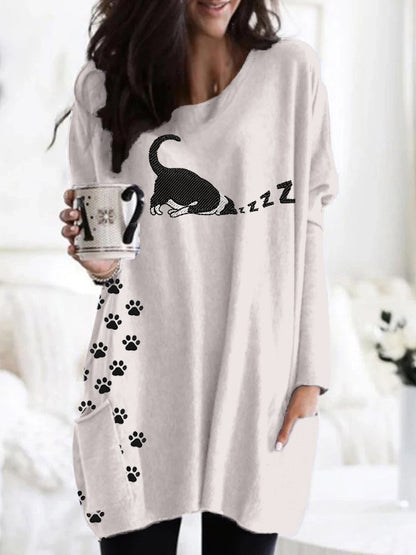 Cute Sleeping Cat Embroidered Comfy Tunic elevenforest