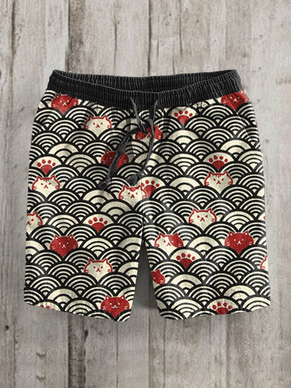 Japanese Waves And Cats Pattern Linen Blend Casual Shorts elevenforest