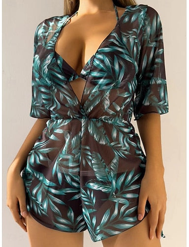 Bikini 3 Piece Swimsuit High Waist Slim Vacation Beach Wear Leaves V Neck Sleeveless Bathing Suits