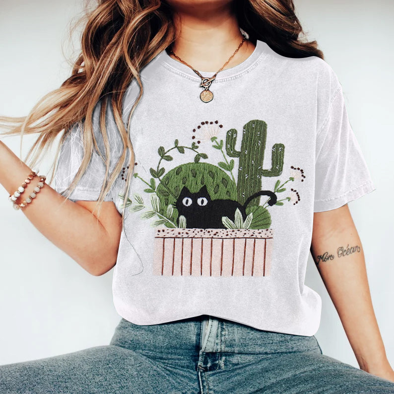 Abstract Creative Cactus And Black Cat Embroidery Pattern Drawing Art T-Shirt elevenforest