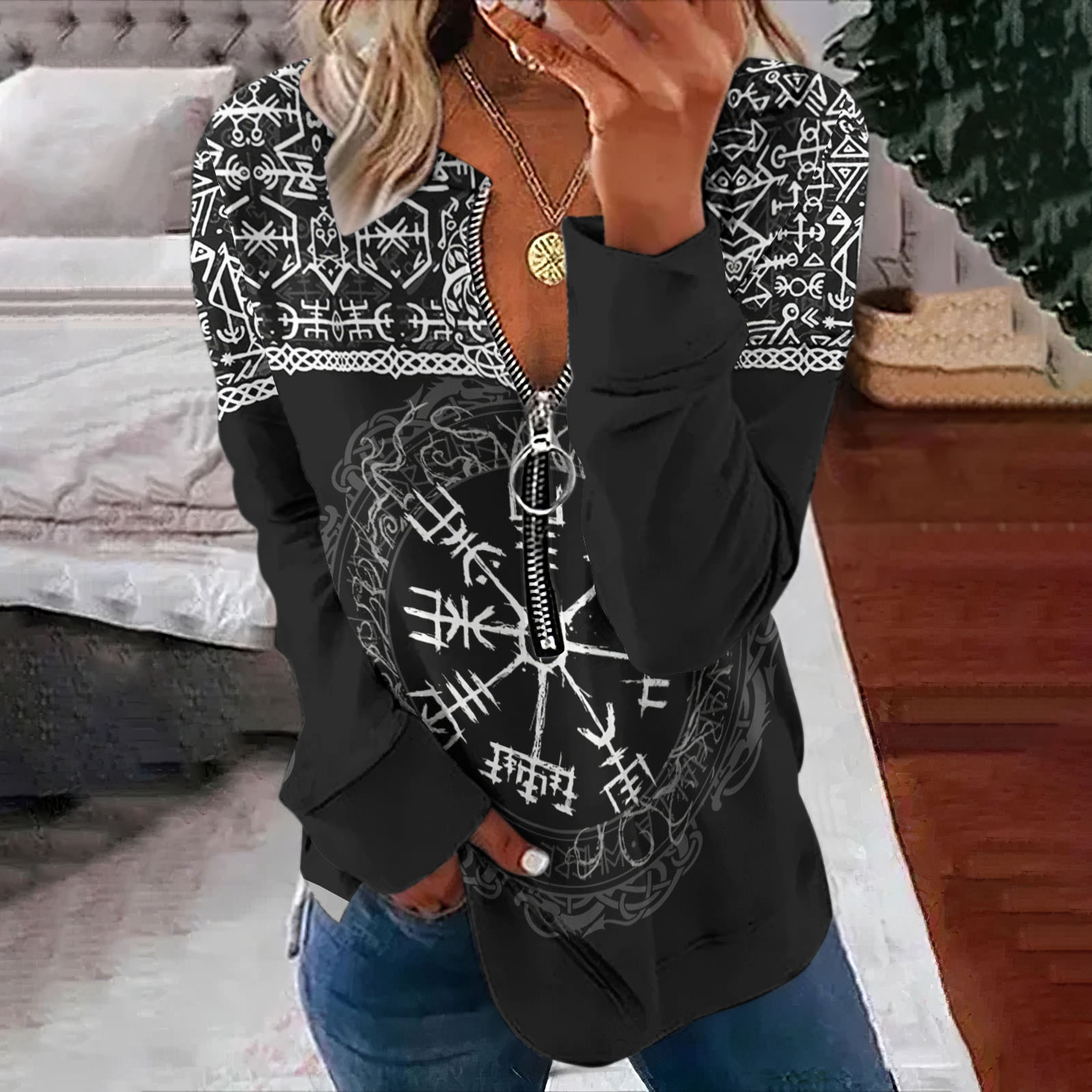 Comstylish Vintage Viking Text Tree Of Life Compass Zipper Sweatshirt
