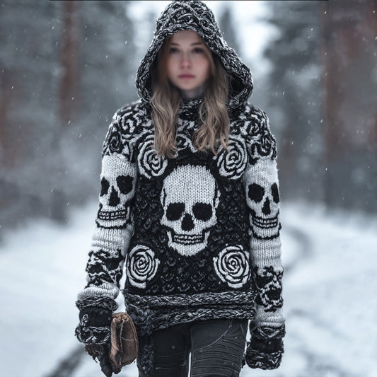 Women's Vintage Three-dimensional Skull Rose Black And White Warm Hooded Sweater elevenforest