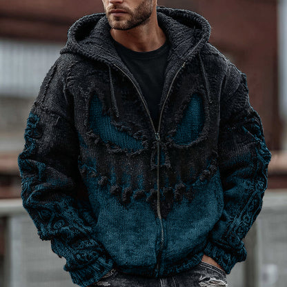 Men's Halloween Spooky Face Gradient Inspired Knitted Distressed Zipper Up Hooded Sweater elevenforest