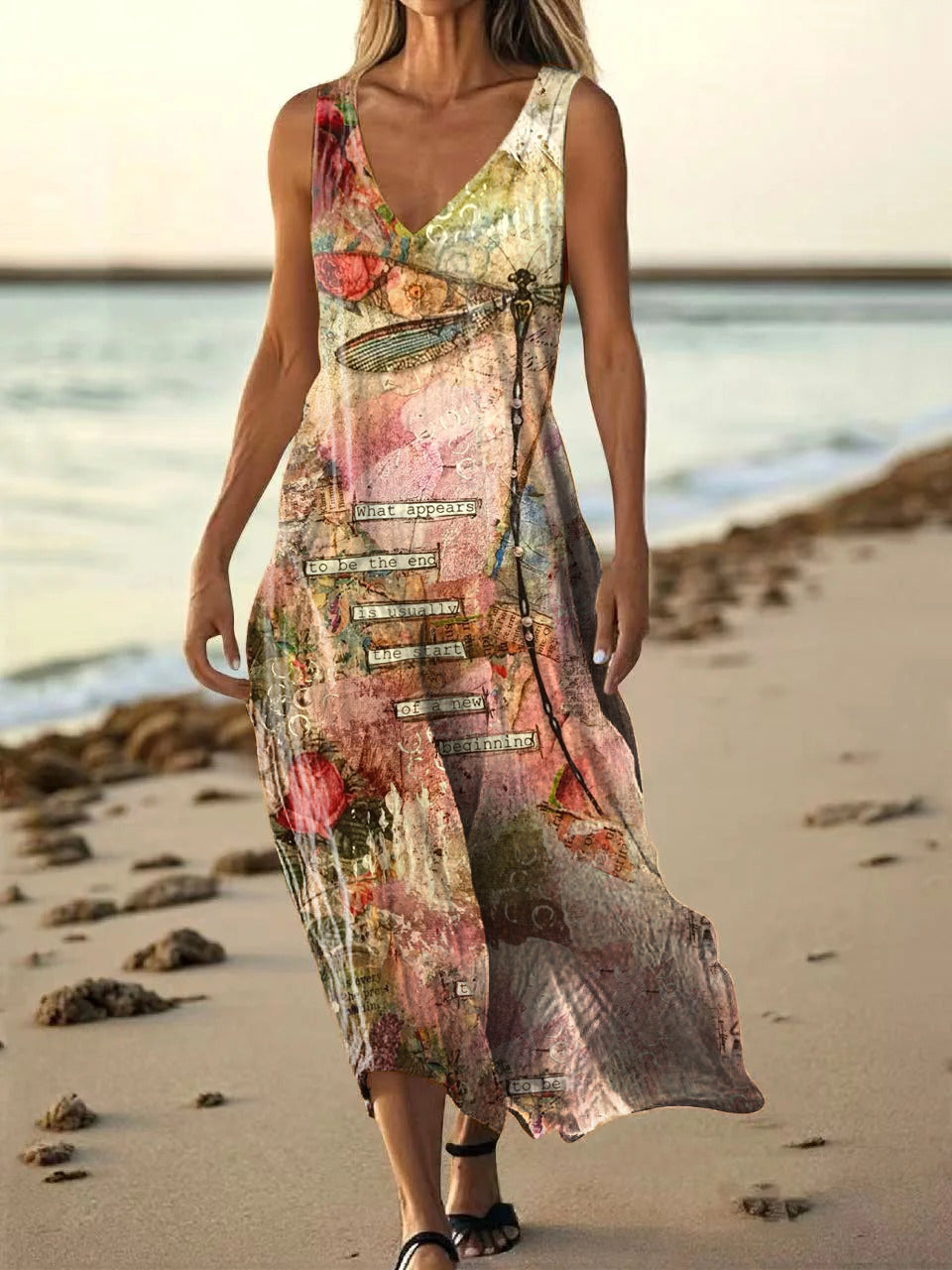 Women's Dragonfly Pattern Art Print Sleeveless Cotton Shirt