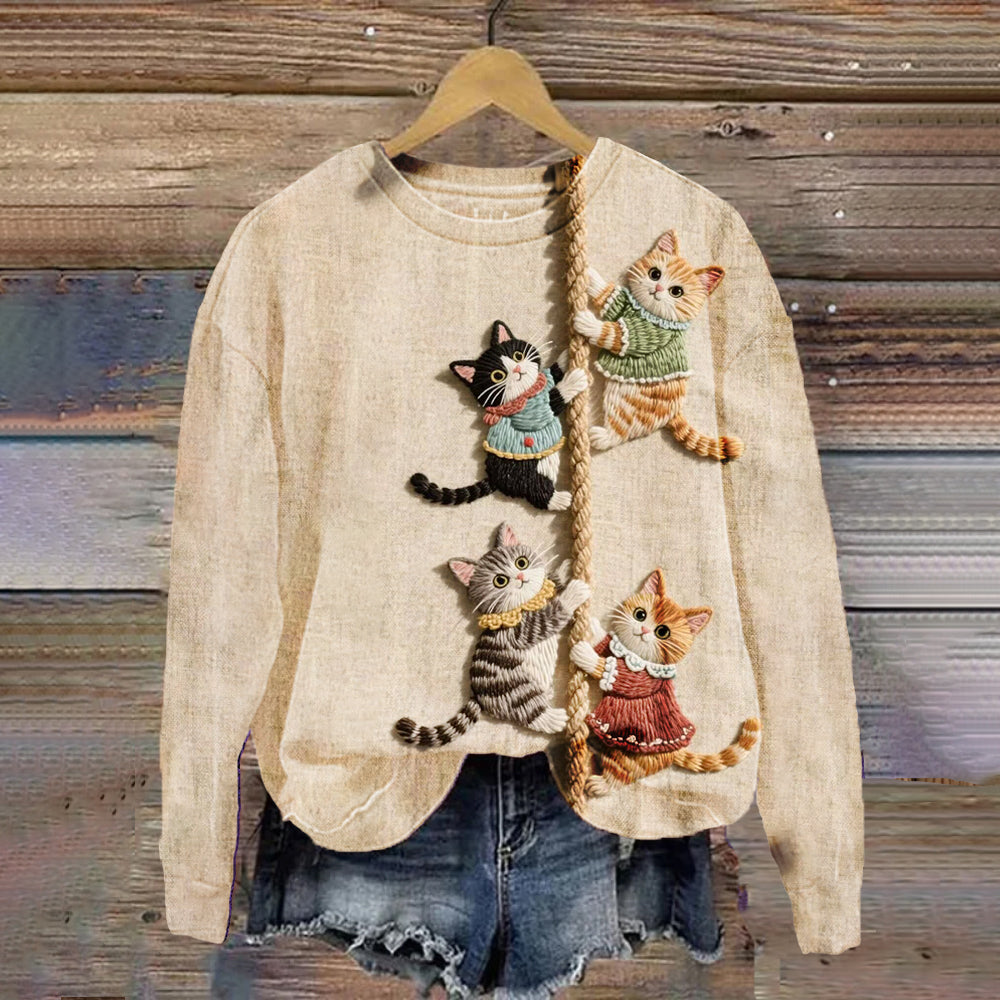 Vintage Climbing Rope Pattern Cute Cat Round-neck Hoodie elevenforest